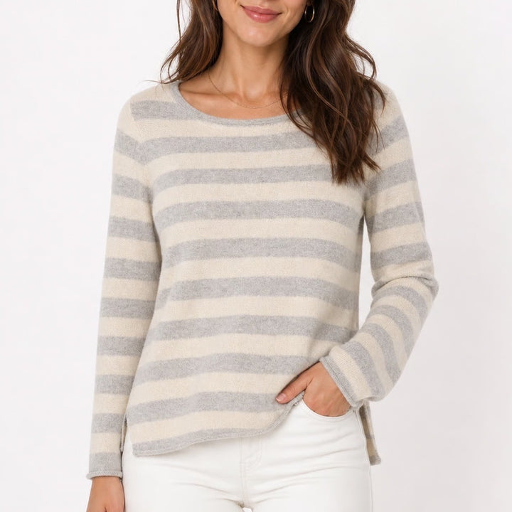 Athleta Womens 100% Cashmere Striped Boat Neck Sweater Grey Cream Small