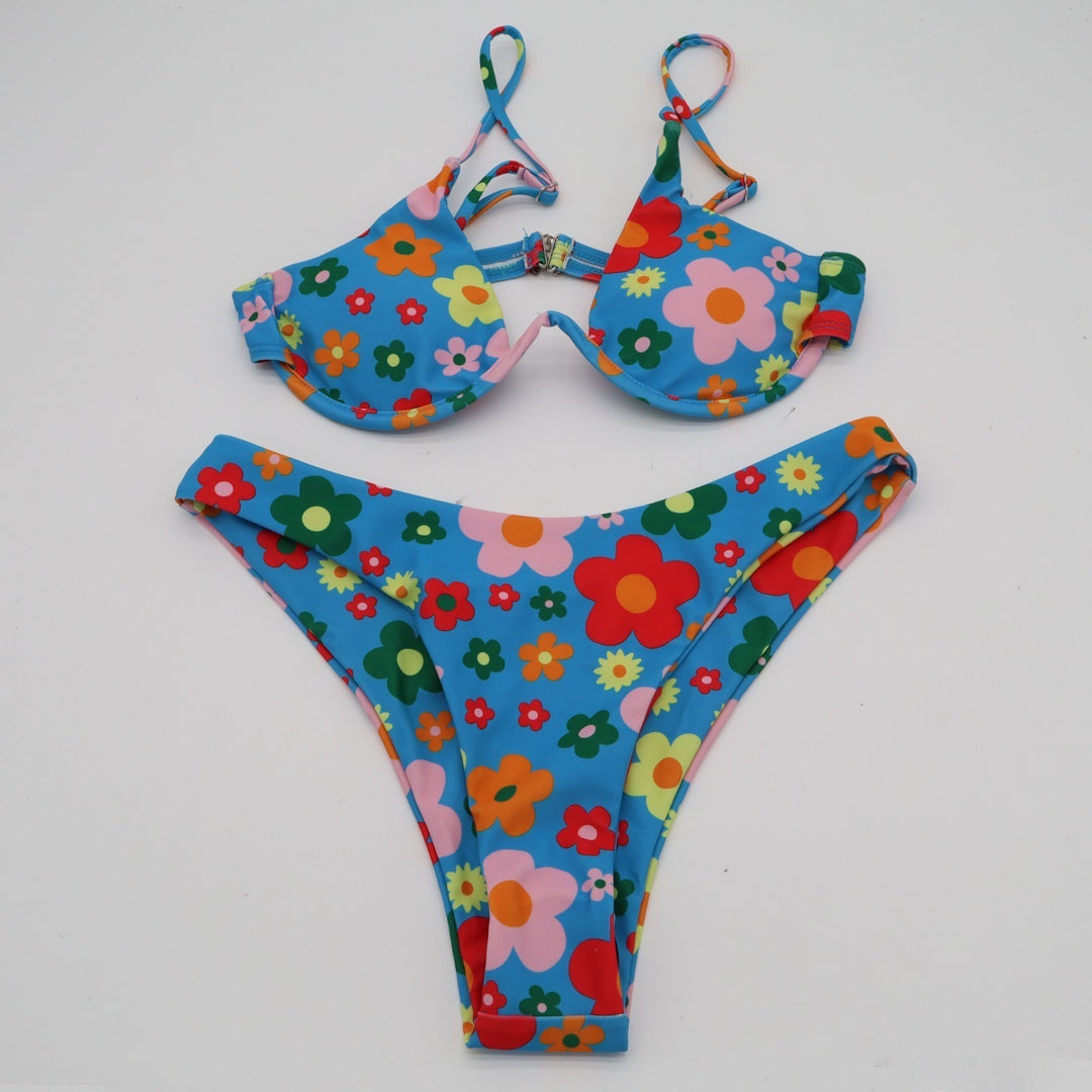 2 Piece Triangle Bikini Set Womens Small Blue Floral Stretch Spaghetti Straps