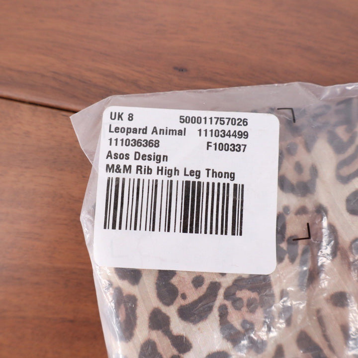 ASOS DESIGN Leopard Print Rib High Leg Thong Bikini Top US Size 4 UK 8