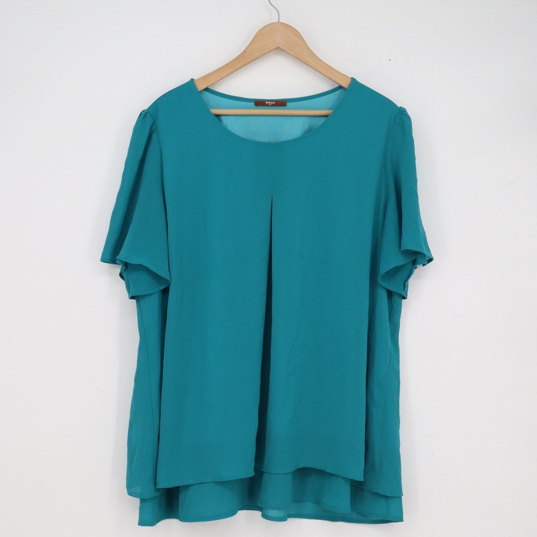 Gaharu Teal Chiffon Layered Blouse Short Flutter Sleeve Pleated Top XXL
