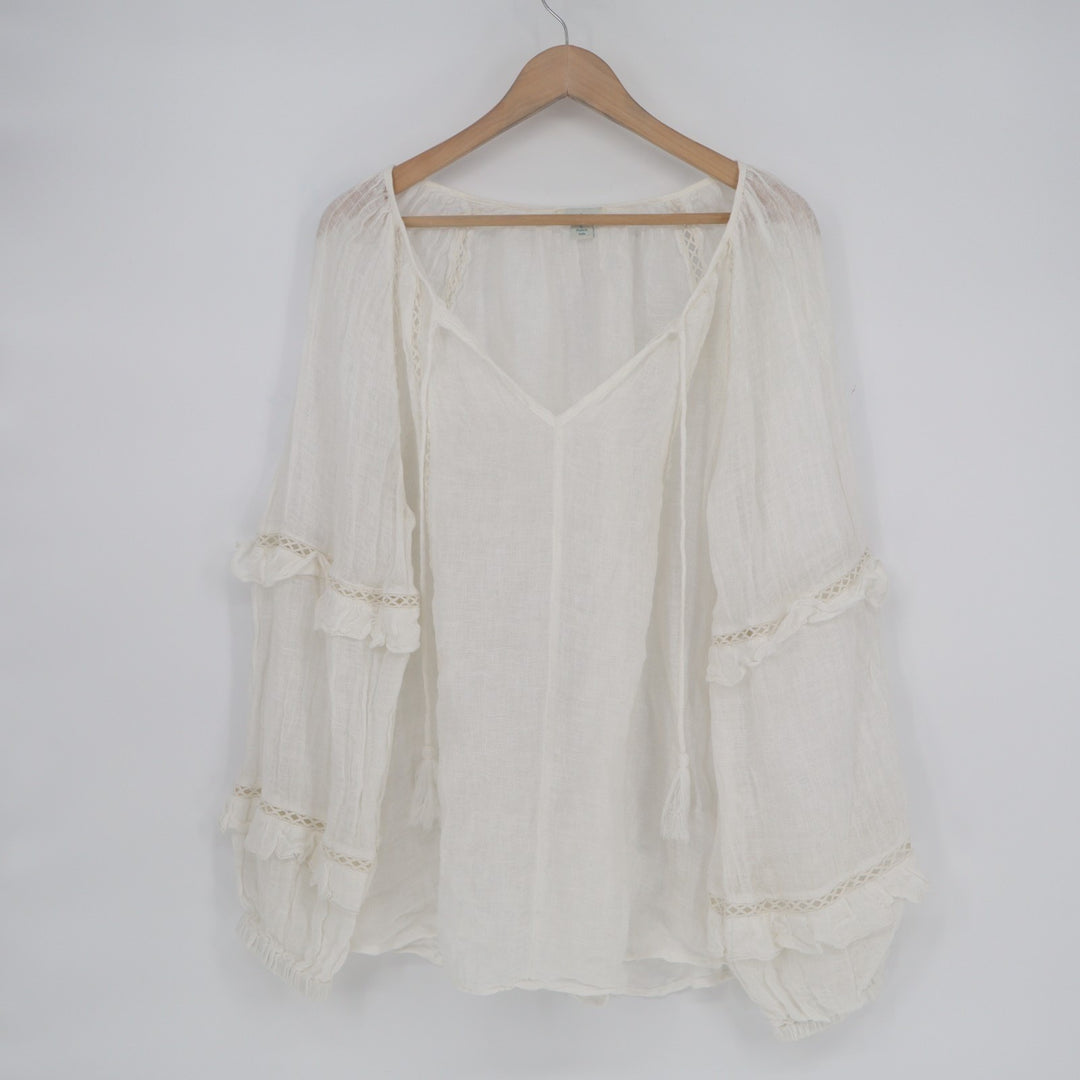 Sundance Tunic Top Womens Large White Sheer Ruffle Long Sleeve Tie Neck Pullover