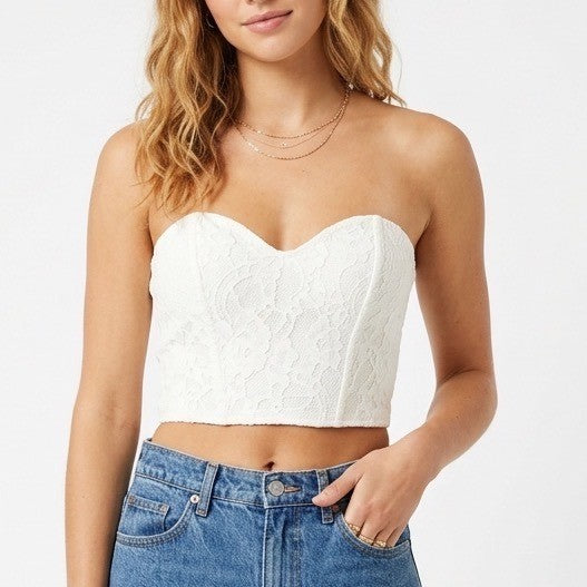 Floral Lace Sweetheart Strapless Corset Crop Top Off White Womens M