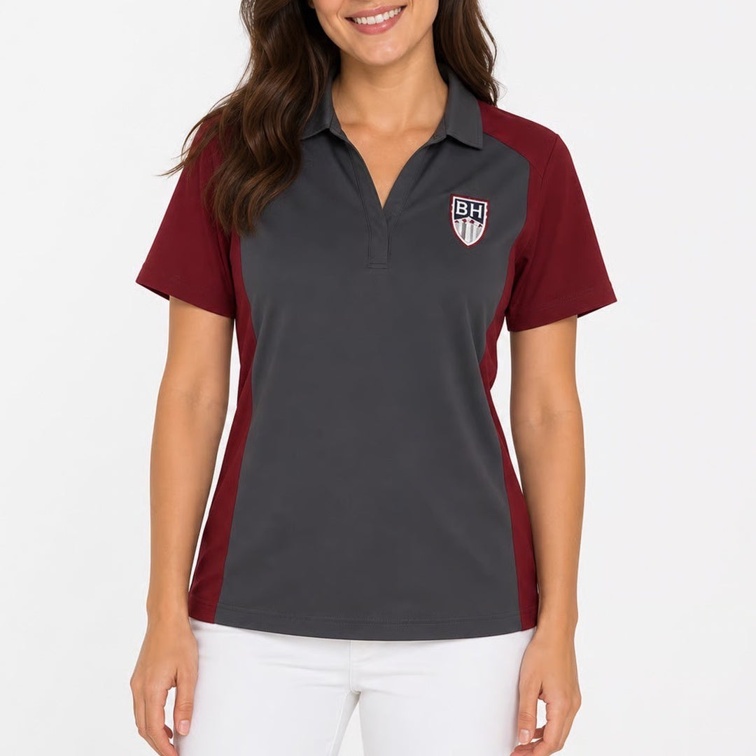 Sport-Tek Womens L Performance Polo Shirt Maroon Grey BH Shield Crest Logo