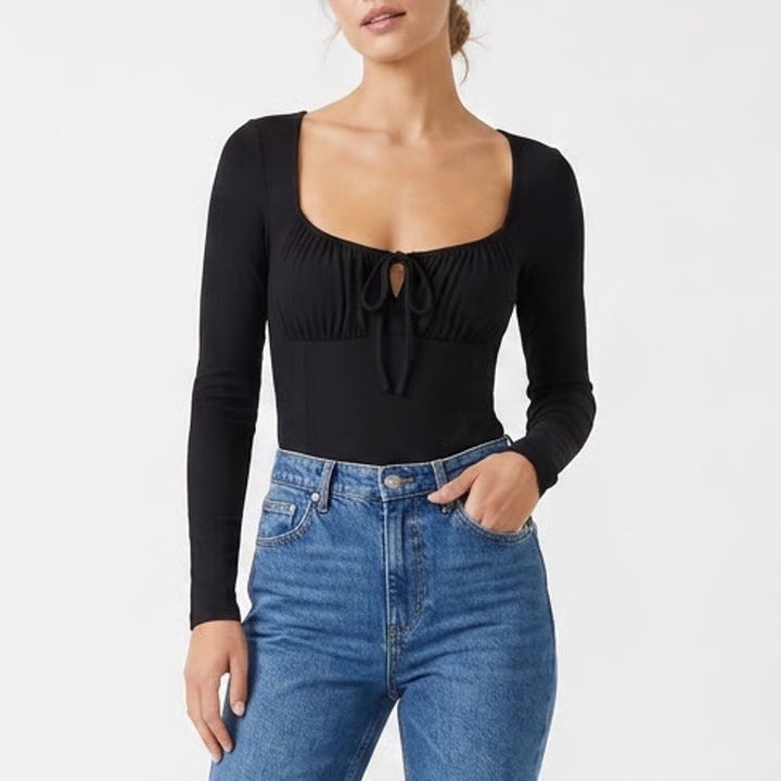 Shein Bodysuit Womens Large Black Stretch Rib Knit Pleated Split Neck One Piece