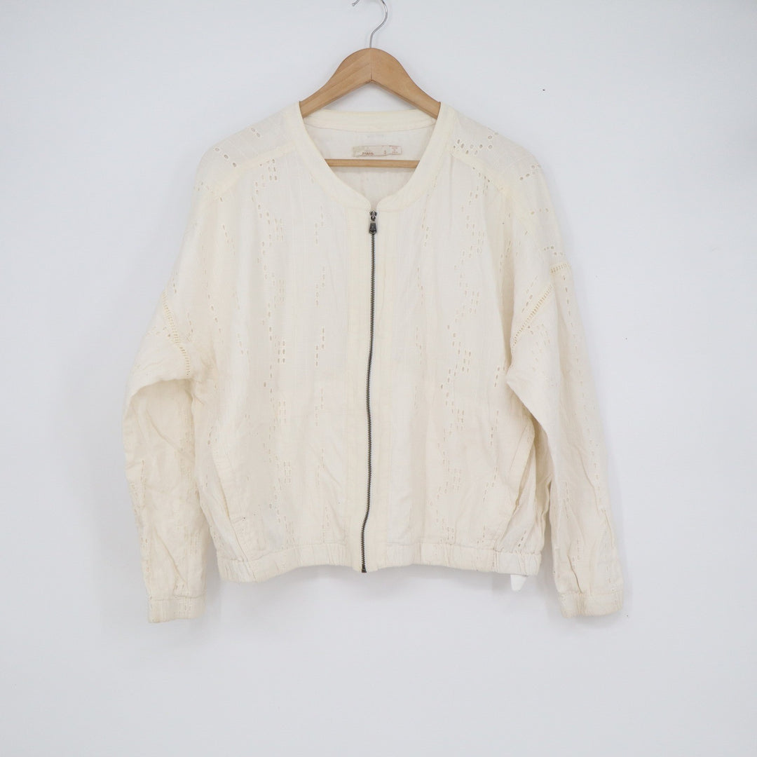 Prana Womens Cream Organic Cotton Eyelet Zip Up Bomber Jacket Size S