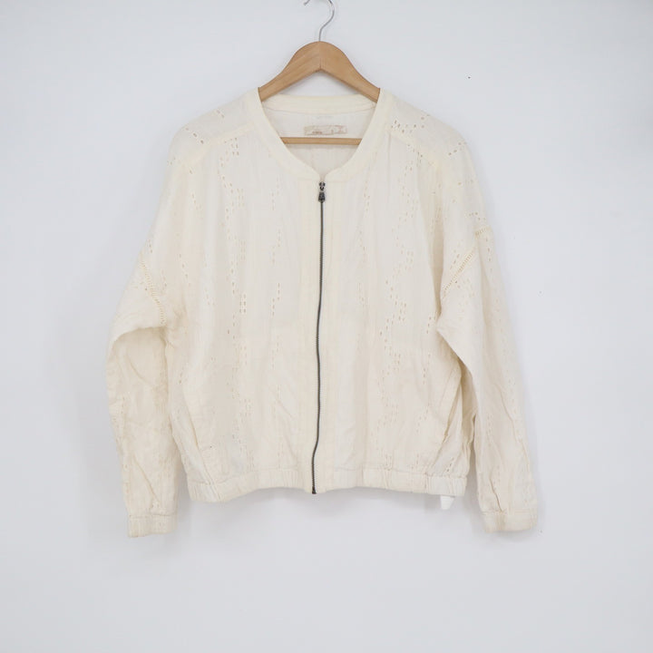 Prana Womens Cream Organic Cotton Eyelet Zip Up Bomber Jacket Size S