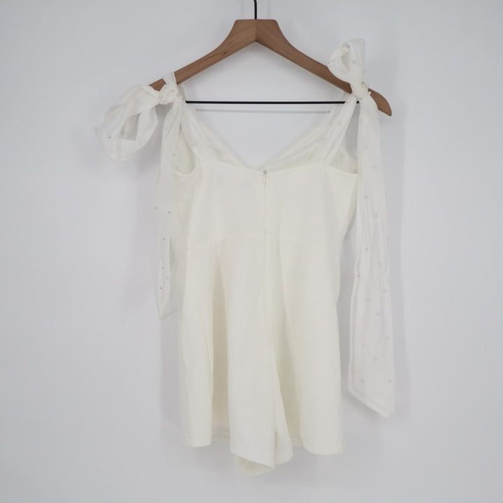 Lulus Certainly Aglow Romper Womens Small White Organza Pearl Tie Strap V Neck
