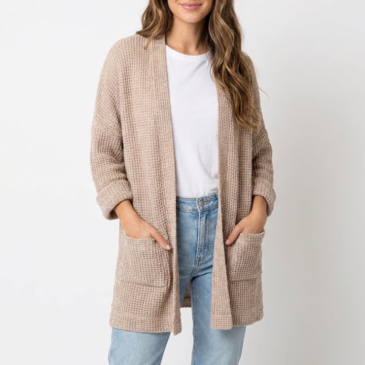 Final Touch Cardigan Sweater Womens Medium Beige Stretch Open Knit front Pockets
