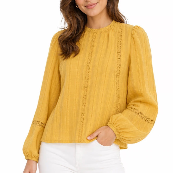 Time and Tru Lace Inset Tunic Top Womens Small(4-6) Yellow Cotton Long Sleeve