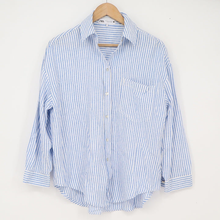 Zara Linen Button-Down Womens XS 4387/054/044 Blue White Striped Excellent