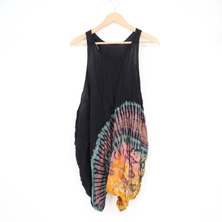 Black Tie Dye Sunburst Racerback Tank Top Oversized Bubble Hem One Size