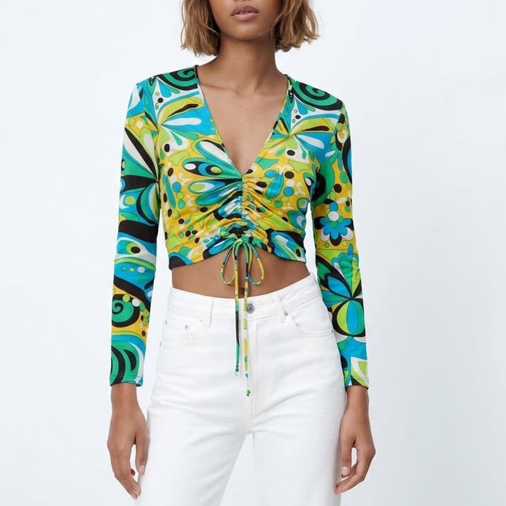 Zara Womens Psychedelic Print Ruched Drawstring V-Neck Crop Top Green Blue M