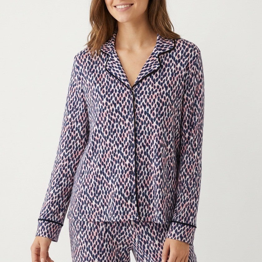 Roudelain Pajamas Top Womens Medium Multi Leopard Print Notch Collar Long Sleeve