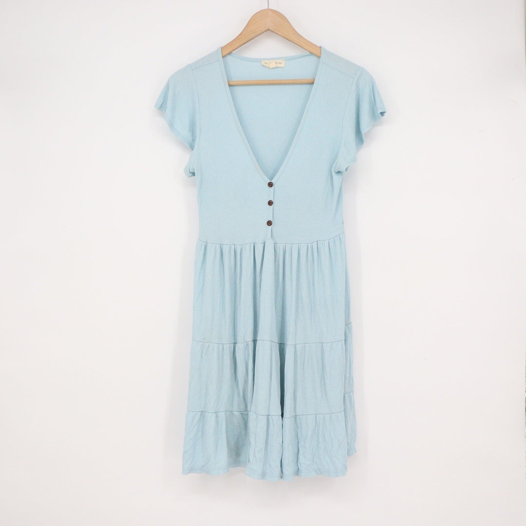 See You Monday Light Blue Ribbed Tiered Mini Dress V-Neck Flutter Sleeve Medium