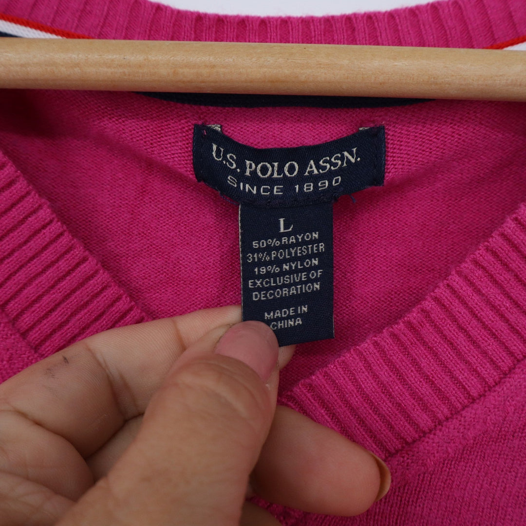 US Polo Assn Womens V-Neck Sweater Fuchsia Pink Blue Logo Rayon Blend Large