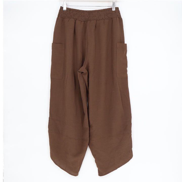 ANRABESS Brown Wide Leg Harem Pants Smocked Waist Tulip Hem