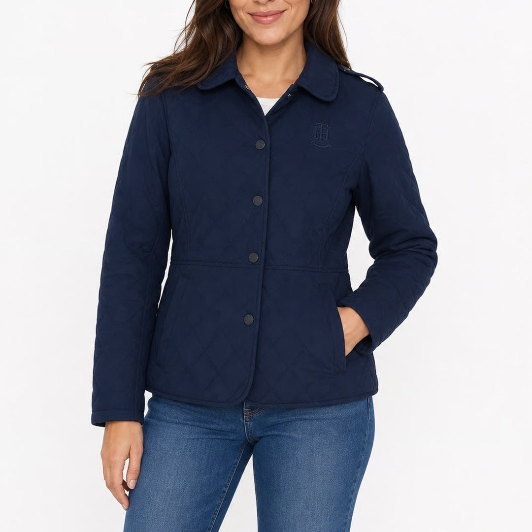 Tommy Hilfiger Womens Navy Blue Quilted Snap Front Jacket XS Crest Logo