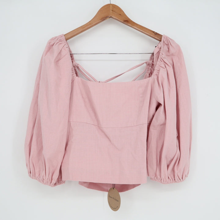 Aaron & Amber Pink Cotton Linen Puff Sleeve Lace Up Back Blouse Top Large