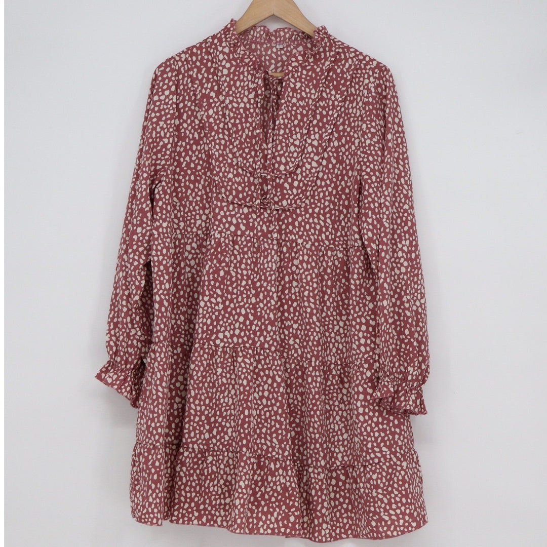 Unbranded Dalmatian Dot Tiered Babydoll Mini Dress Dusty Rose Long Sleeve L