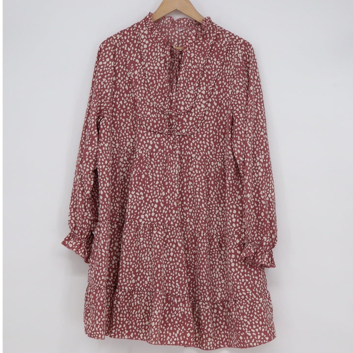 Unbranded Dalmatian Dot Tiered Babydoll Mini Dress Dusty Rose Long Sleeve L