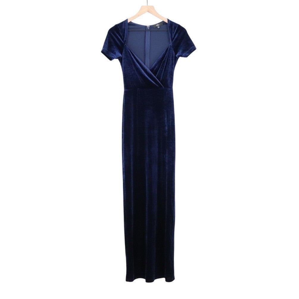 Lulus Eternal Elegance Maxi Dress Womens XS Navy Velvet Short Sleeve Front Slit