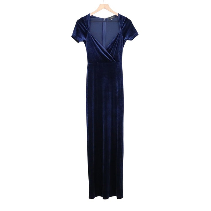 Lulus Eternal Elegance Maxi Dress Womens XS Navy Velvet Short Sleeve Front Slit
