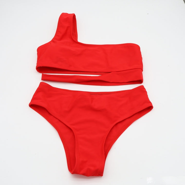 Shein 2-Piece Bikini Set Women Small Red Stretch One Shoulder Swimsuit Beachwear