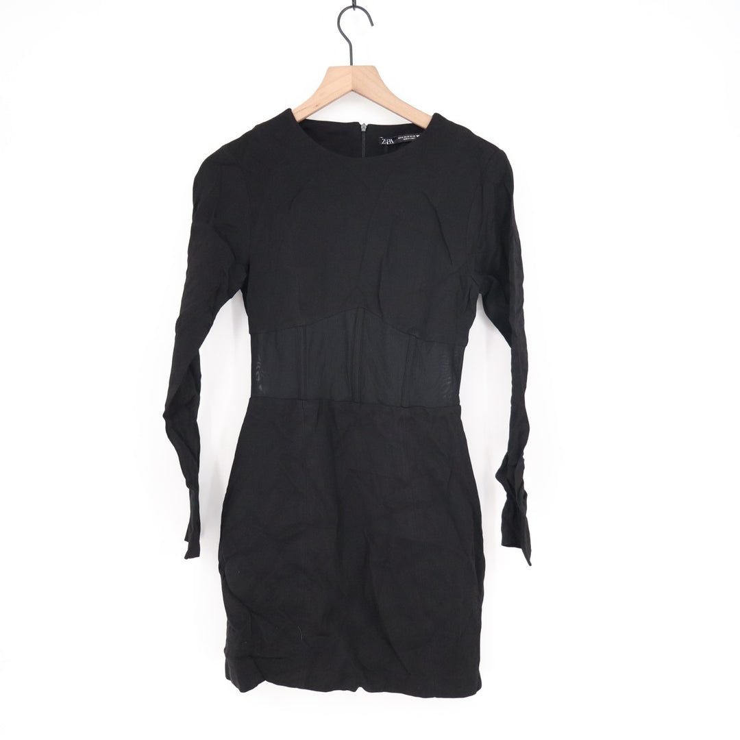 Zara Mini Dress Womens M Black Polyamide Stretch Corset Mesh Waist Long Sleeve