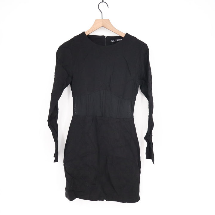 Zara Mini Dress Womens M Black Polyamide Stretch Corset Mesh Waist Long Sleeve