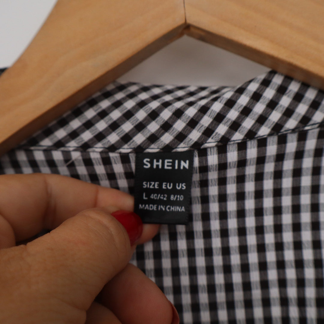 SHEIN Black White Gingham Tie Front Crop Top Puff Sleeve Notched Collar L 8/10