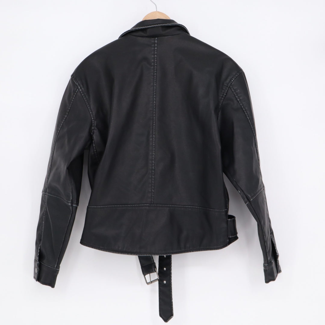 Wild Fable Biker Jacket Women M Black Asymmetrical Zip Belted Waist Laple Collar