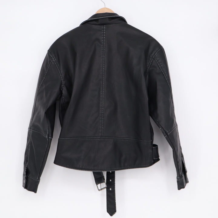 Wild Fable Biker Jacket Women M Black Asymmetrical Zip Belted Waist Laple Collar