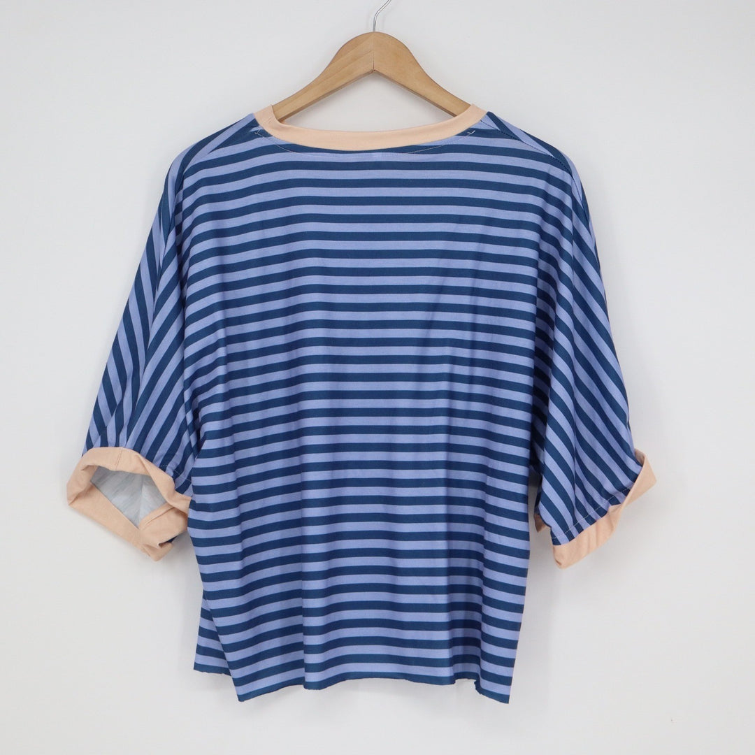 Blue Striped Ringer Tee Short Sleeve Relaxed Fit Boxy Crew Neck Top Small