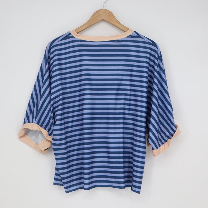 Blue Striped Ringer Tee Short Sleeve Relaxed Fit Boxy Crew Neck Top Small