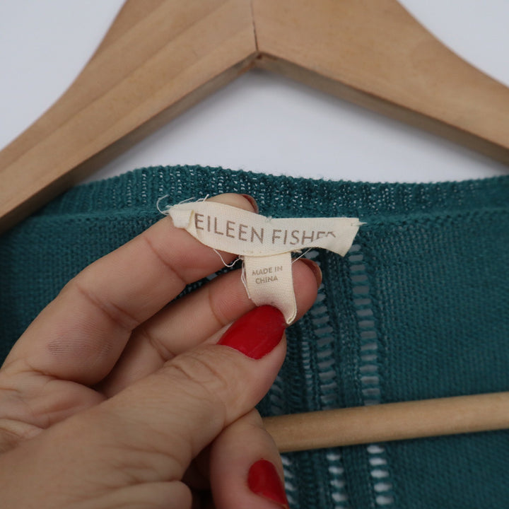 Eileen Fisher Teal Green 100% Linen Open Front Cardigan Sweater Pockets Small