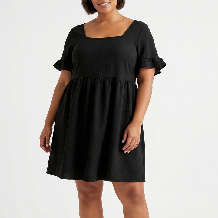 Shein Curve Mini Dress Women 2XL Black Square Neck Short Sleeve Pleated Pullover