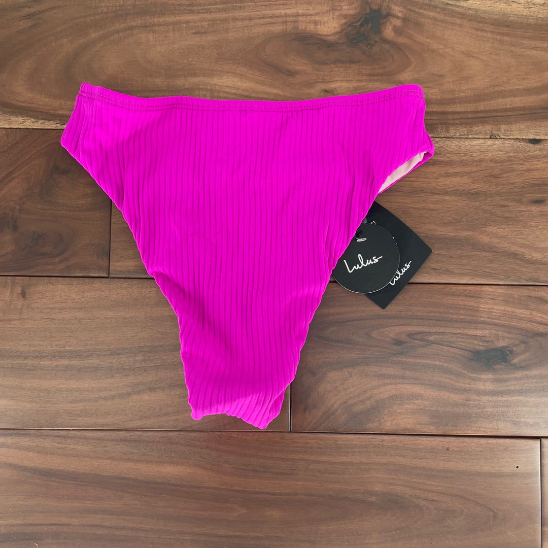 Lulus Set For Vacay Hot Pink Ribbed High Waisted Bikini Bottoms Size S