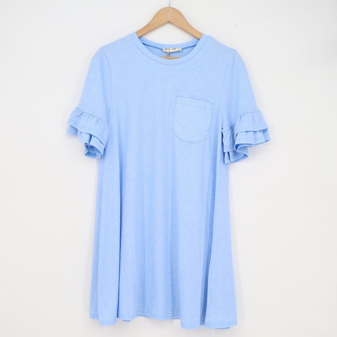 New In Womens Sky Blue Ruffle Sleeve T-Shirt Dress Size M Pocket Swing