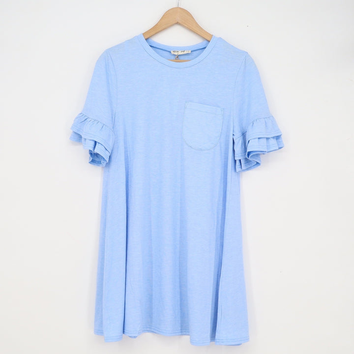New In Womens Sky Blue Ruffle Sleeve T-Shirt Dress Size M Pocket Swing