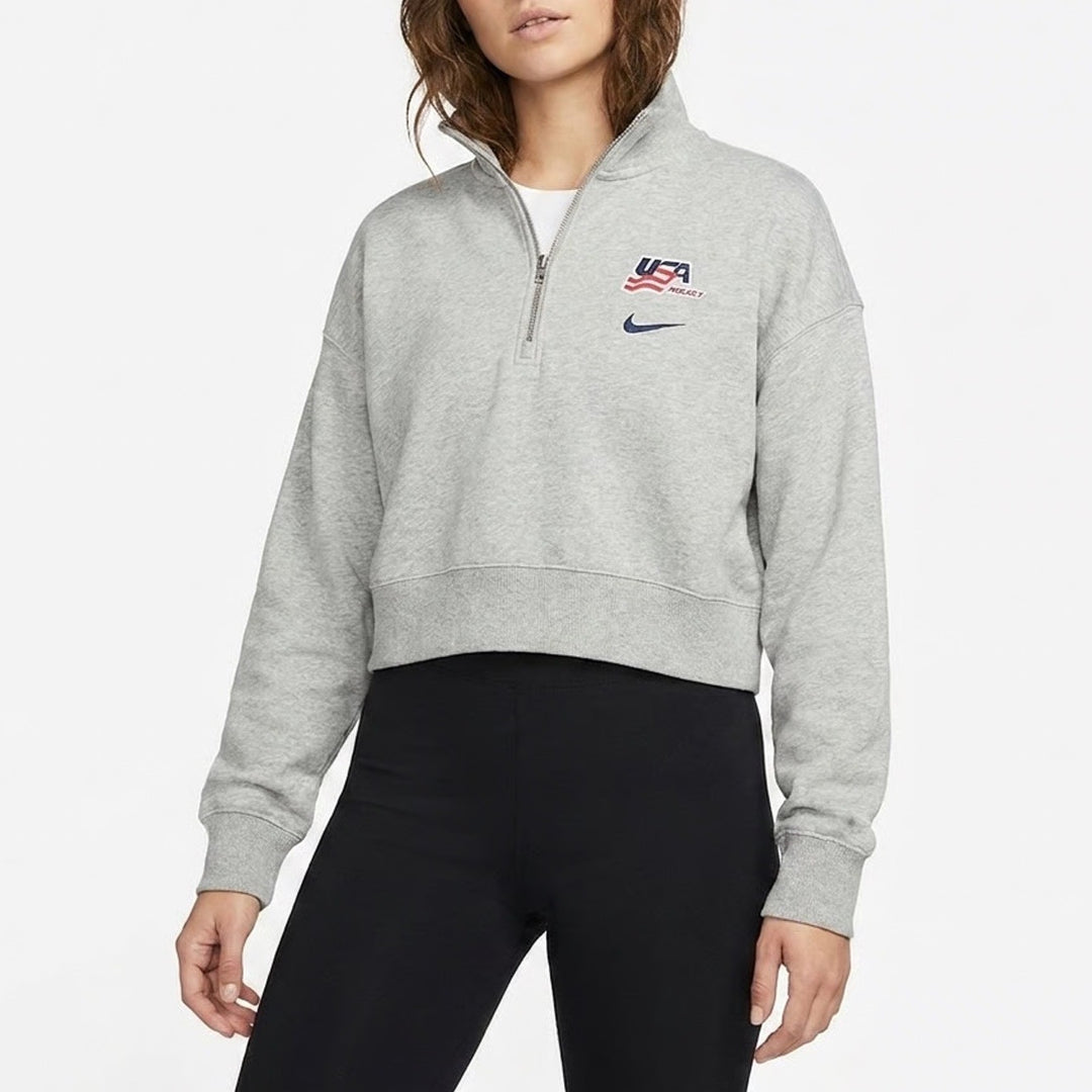 Nike Women Phoenix Crop Quarter Zip USA Hockey Sweatshirt Grey Large