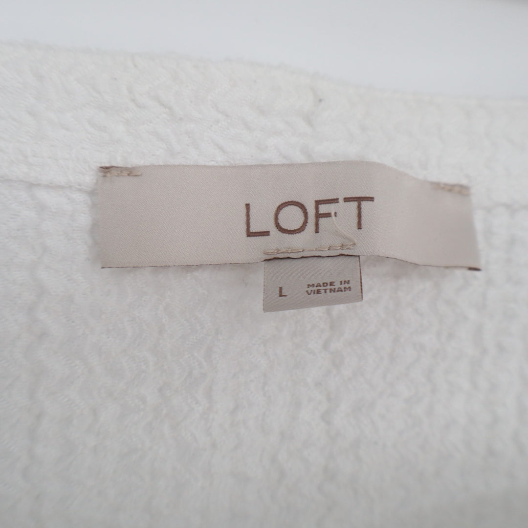 Loft Crop Top Womens L White Stretch Textured Tie Hem Square Neck Short Sleeve