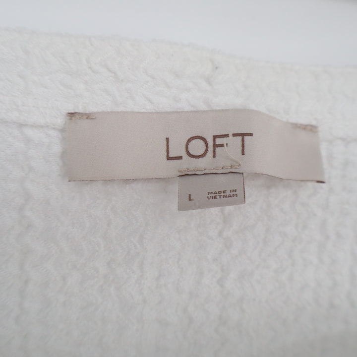 Loft Crop Top Womens L White Stretch Textured Tie Hem Square Neck Short Sleeve