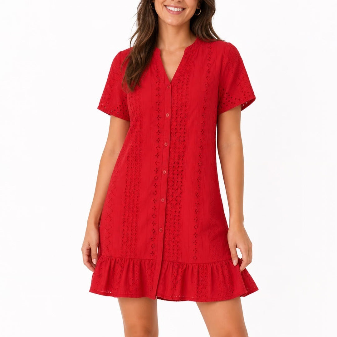 Beatrice Clothing Red Eyelet Lace Button Front Ruffle Hem Dress Short Sleeve