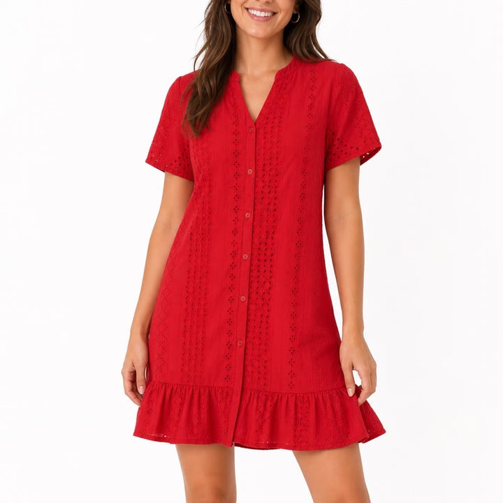 Beatrice Clothing Red Eyelet Lace Button Front Ruffle Hem Dress Short Sleeve