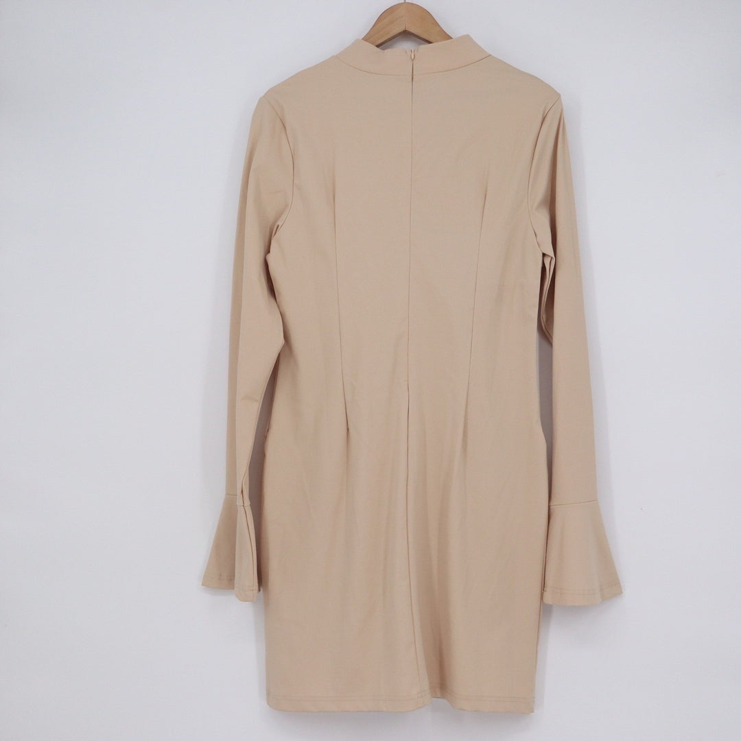Tan Beige Mock Neck Long Sleeve Bell Cuff Mini Dress XL