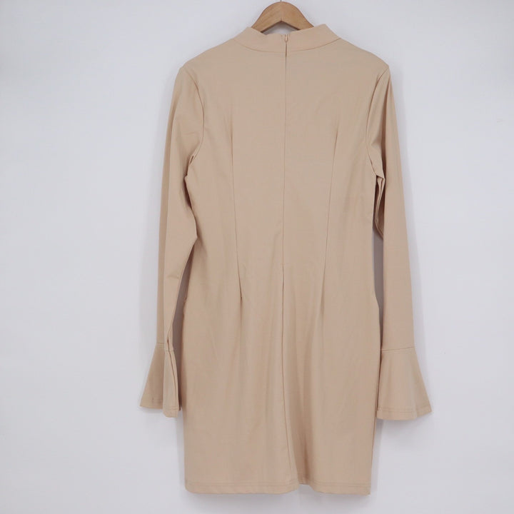 Tan Beige Mock Neck Long Sleeve Bell Cuff Mini Dress XL