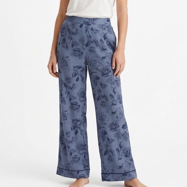 Pajama Pants Women Large Blue Floral Knit Stretch Ribbed Elastic Waist Straight