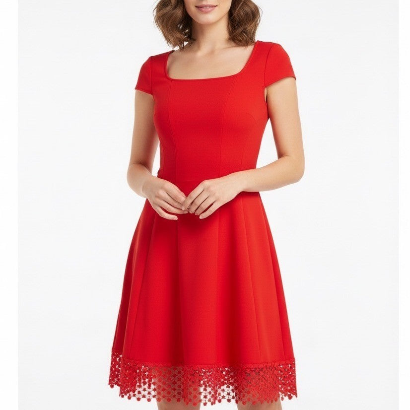 Donna Ricco Fit & Flare Dress Women 8 Red Stretch Back Zip Tulip Sleeve Lace Hem