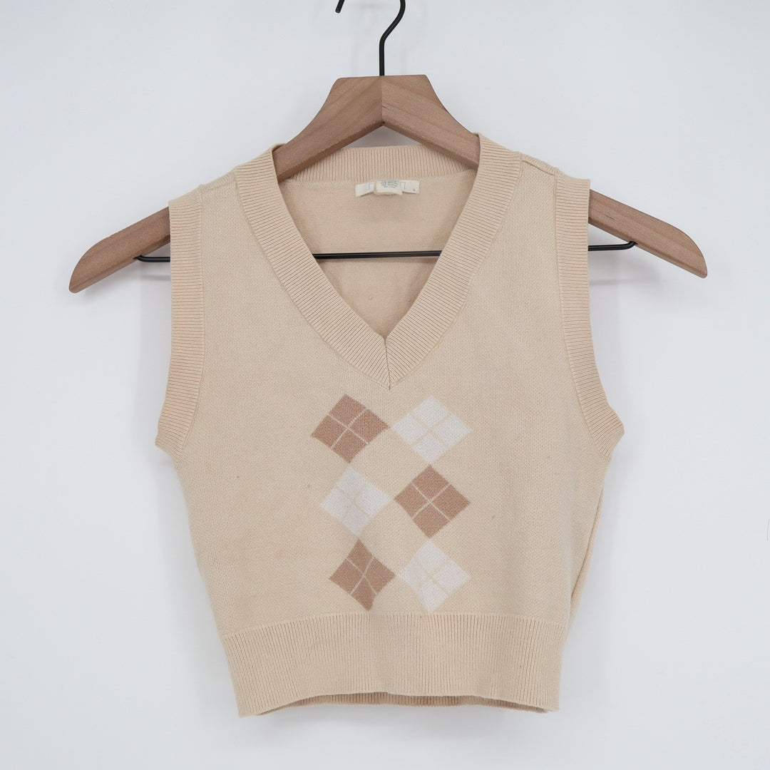 Full Tilt Womens Beige Argyle V-Neck Cropped Knit Sweater Vest Small