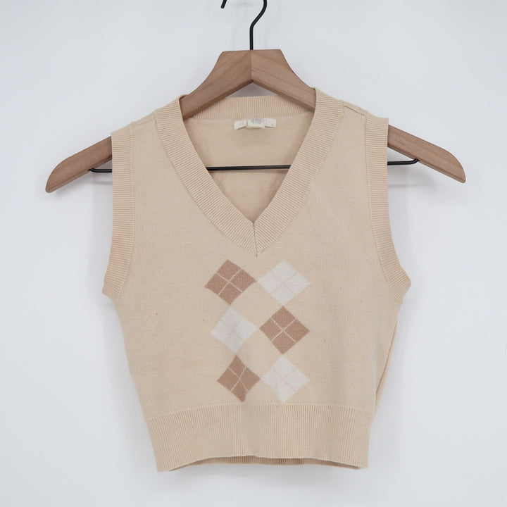 Full Tilt Womens Beige Argyle V-Neck Cropped Knit Sweater Vest Small